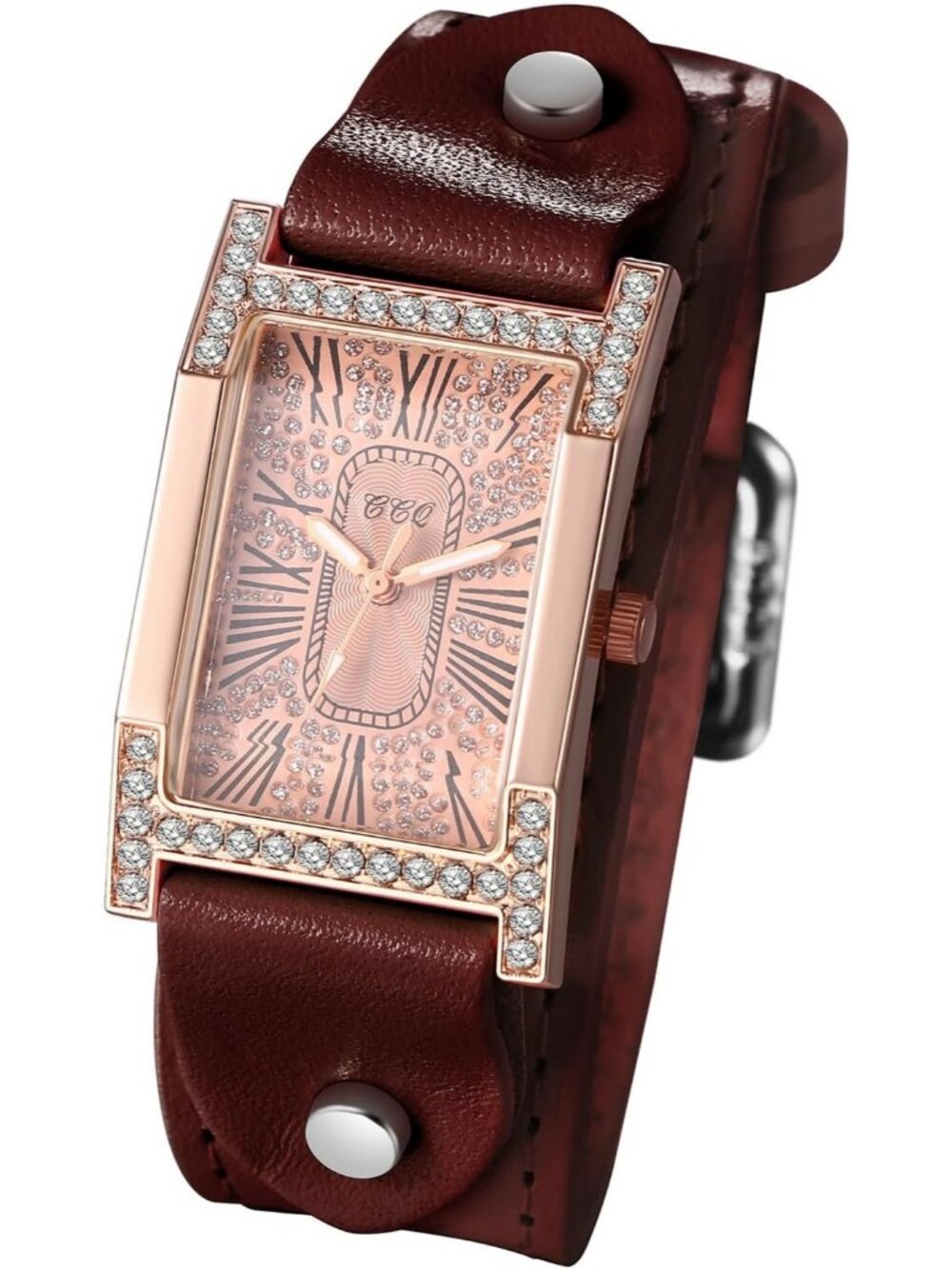 Women's Brown Vintage Square Leather Iced-Out Quartz Analog Classic Wrist Watch